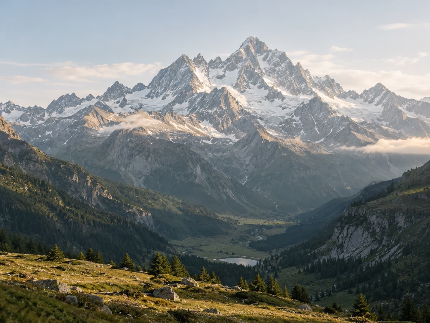 A high alpine mountain rising over a quiet green valley
