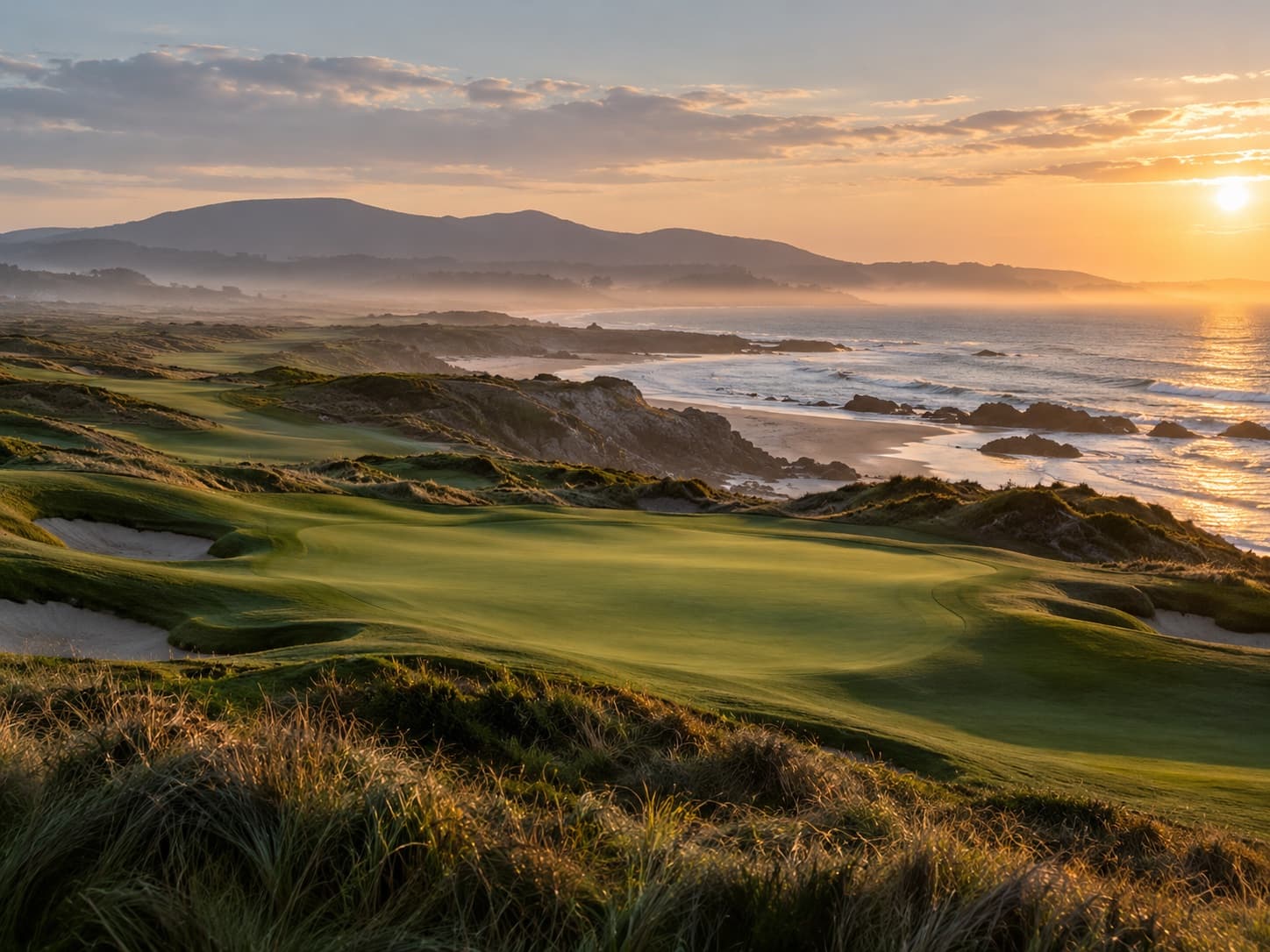 A coastal golf course shaped through dunes beside the ocean
