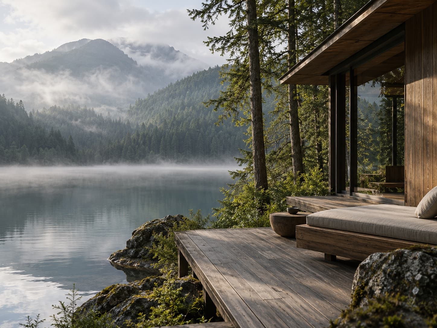 A quiet timber retreat beside misty water and forest