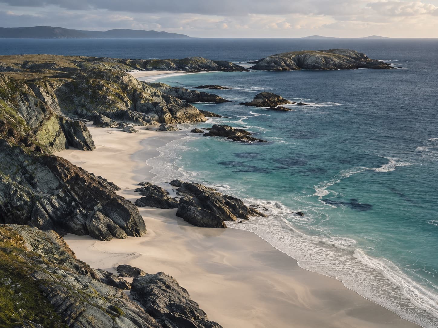 A remote rocky Atlantic coastline with pale sand and blue water