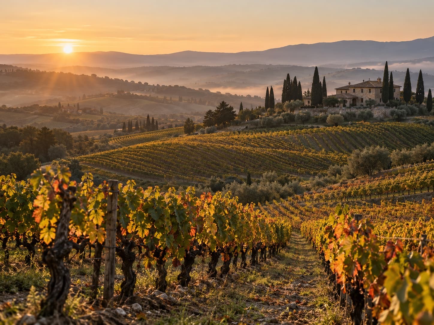 Vineyard rows across rolling hills in soft harvest light