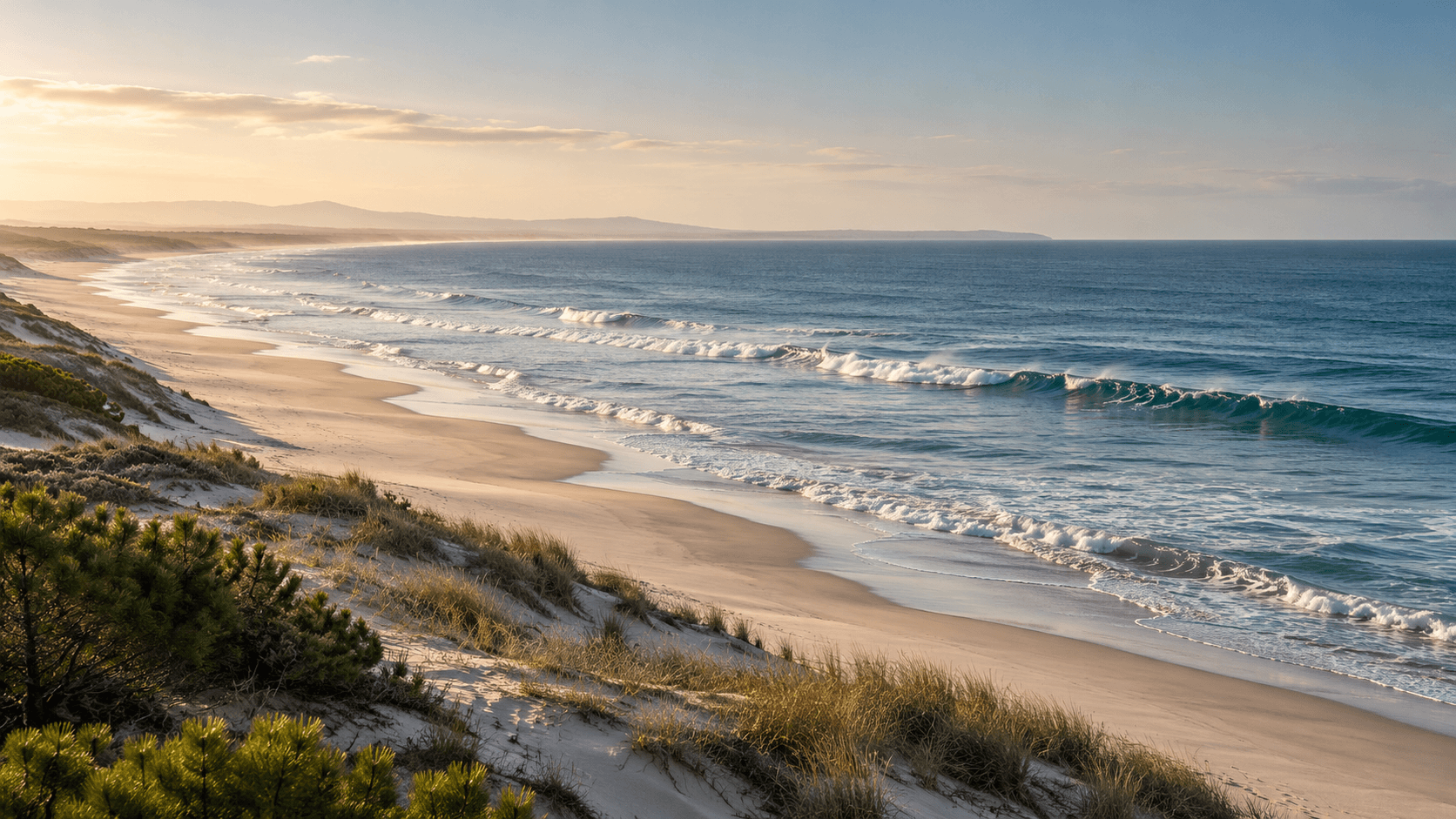 Atlantic waves meeting a quiet sandy shoreline at Comporta, Portugal