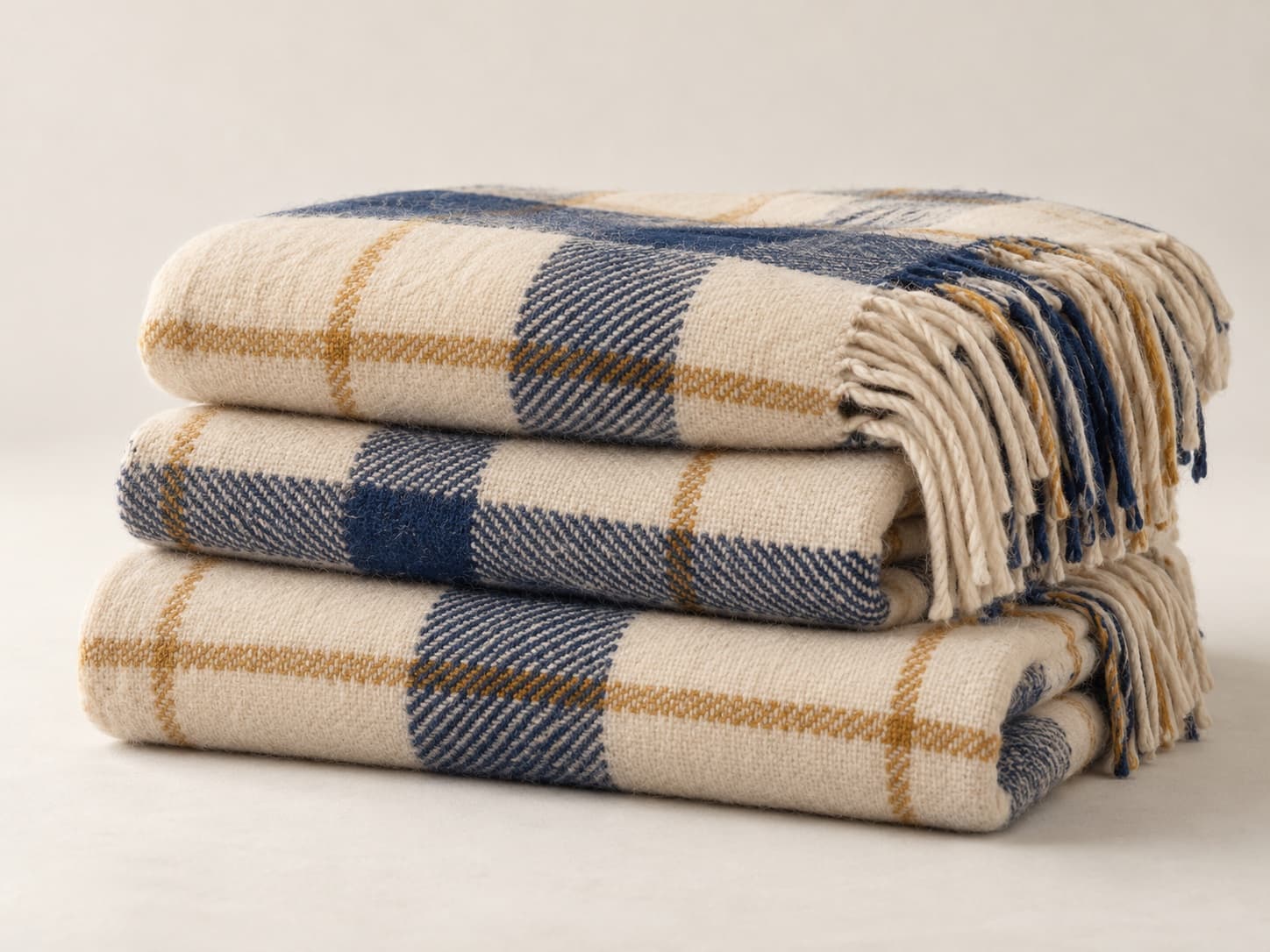 Folded cream blankets woven with blue and ochre checks